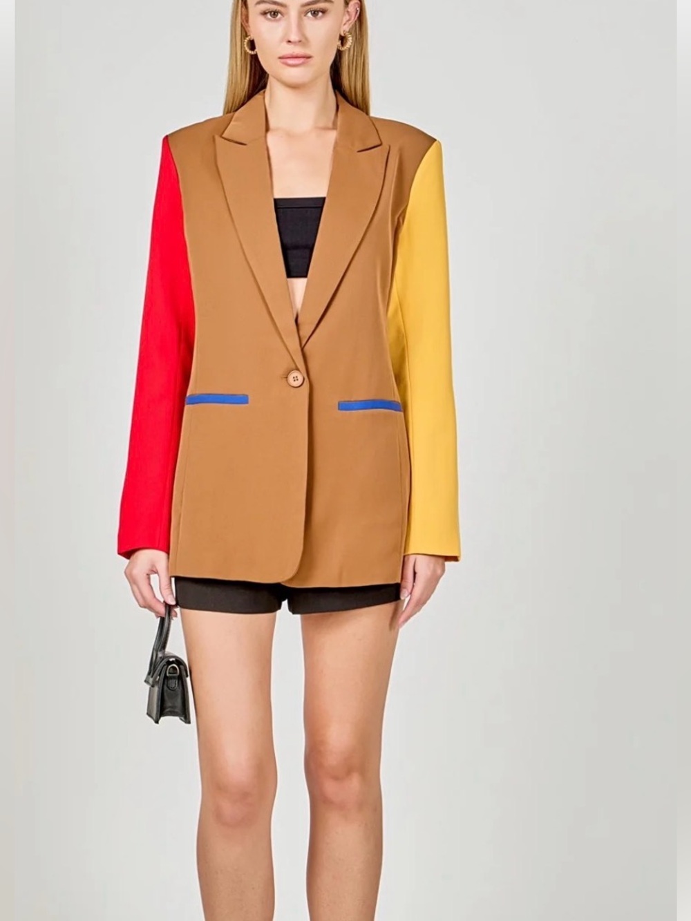 Endless Rose Brown Colorblock Blazer with Red and Yellow Sleeves